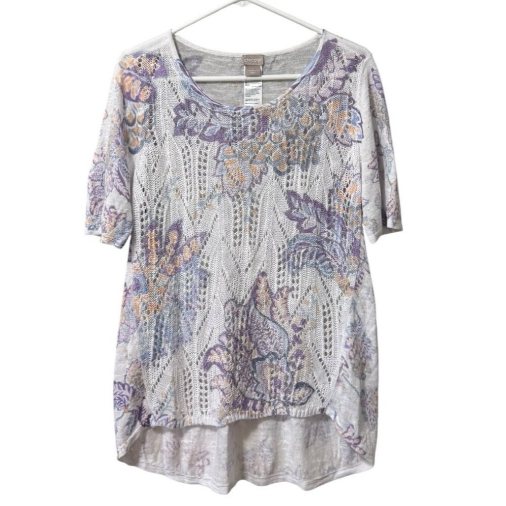 Chicos Women Sweater Size US 1 Lightweight Floral Open Knit‎ Linen Blend Peasant